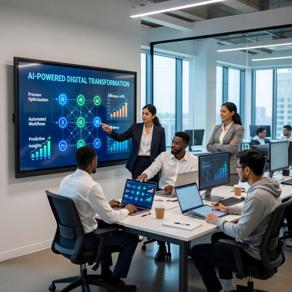Team reviewing AI-powered digital transformation dashboard
