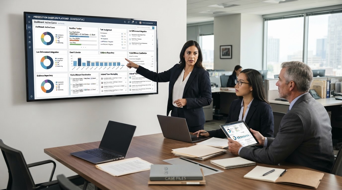 Prosecution team reviewing case dashboards